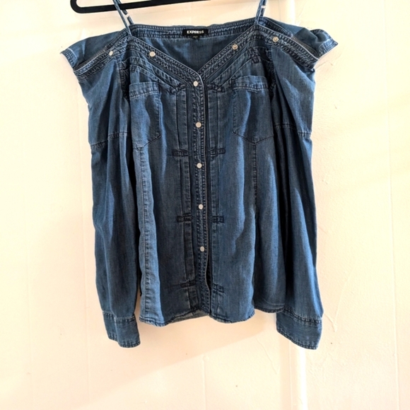 🛍️4 For $15🛍️Express Denim Off-Shoulder Top - Picture 3 of 7